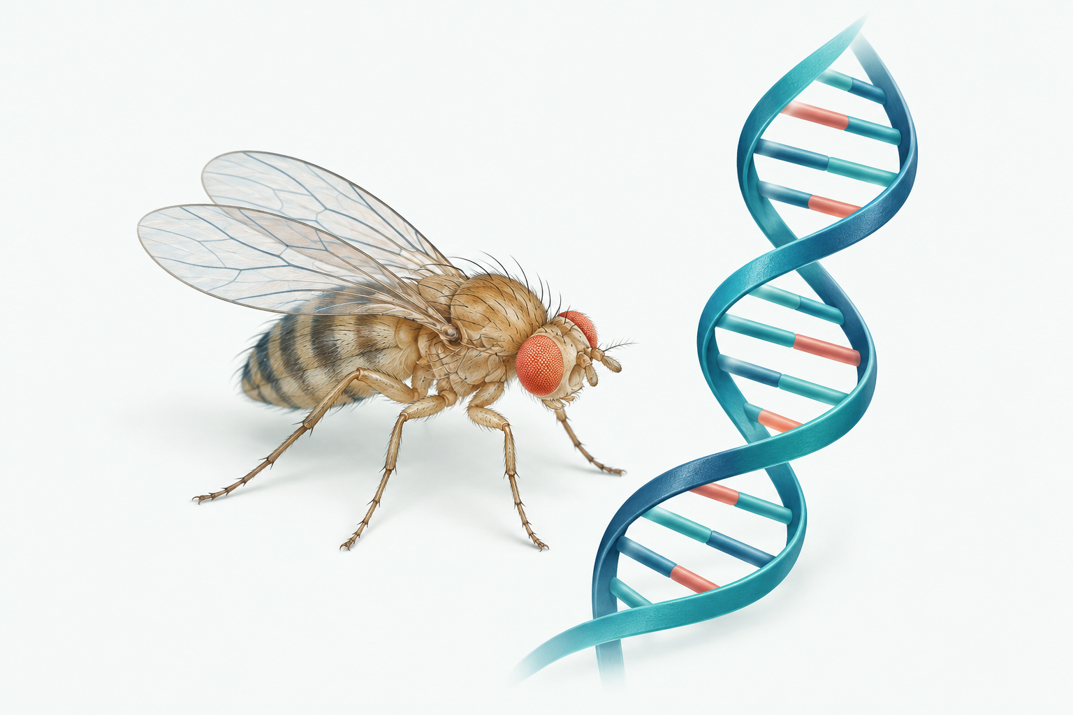 Conceptual illustration of a fruit fly and DNA representing functional genomics.