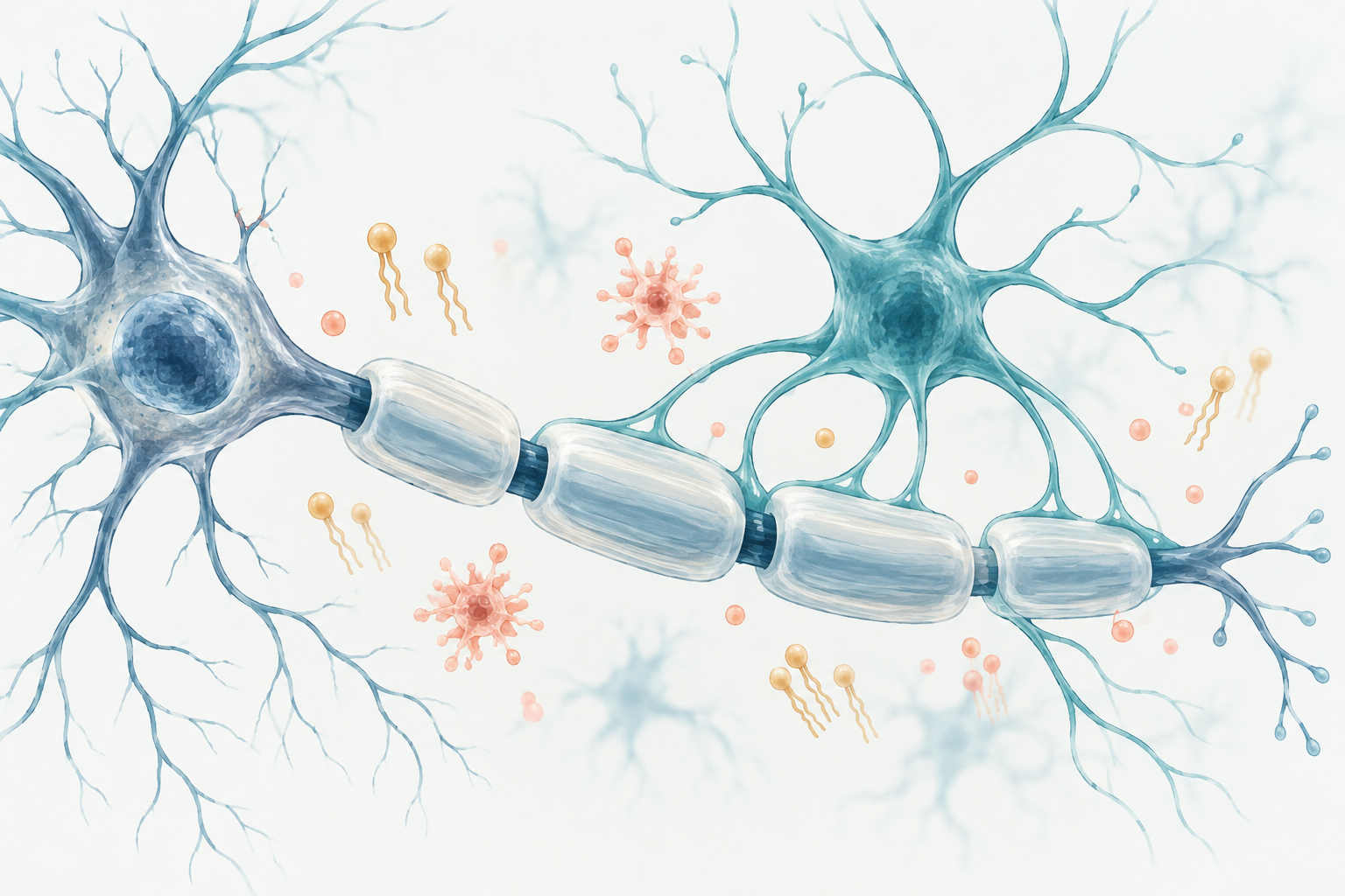 Conceptual illustration of a myelinated neuron, a supporting glial cell, and lipid-like forms.